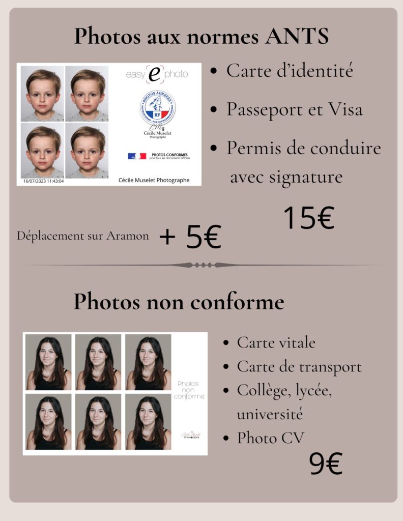 Affiche présentant les tarifs et types de photos d’identité proposées par Cécile Muselet : photos aux normes ANTS photos non conformes pour CV ou cartes diverses