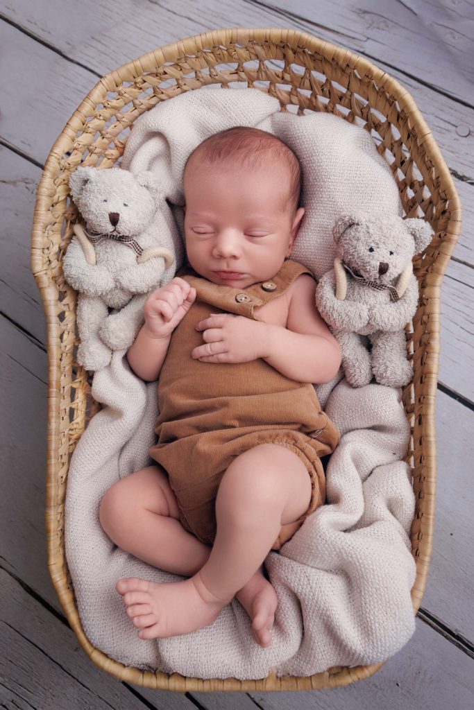 Nouveau-né dans un panier avec doudous, photo naissance studio Provence
